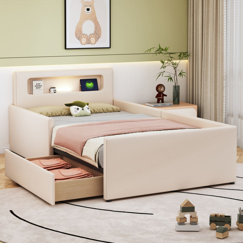 Wishdor - Lit enfant 90x200 cm, lit capitonné beige enfant avec veilleuse et port de chargement usb, avec un tiroir, tissu similicuir
