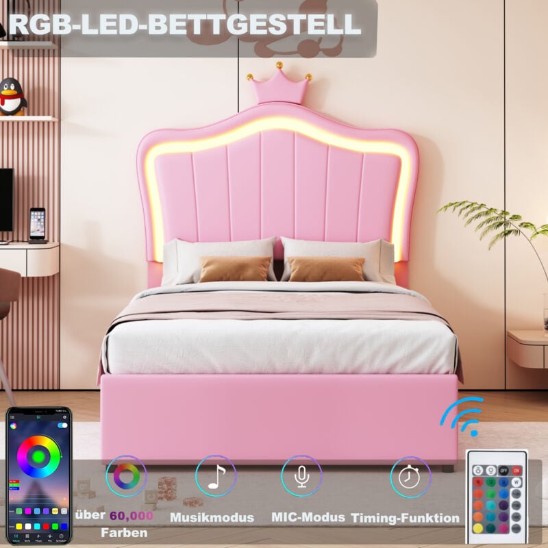 Hauss Spole - Lit enfant 90x200 cm, lit coffre hydraulique, led, tête de lit réglable en hauteur, lit simple, simili cuir, rose