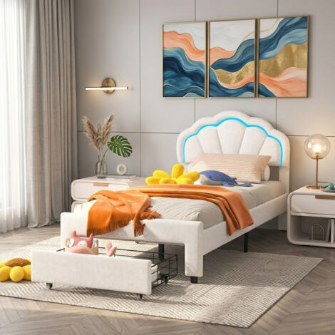 Lit Enfant 90x200 cm, Lit Double capitonné avec tête de lit et sommier à Lattes, Lit simple avec LED, tiroir pour Enfants Adolescents et Filles, Blanc