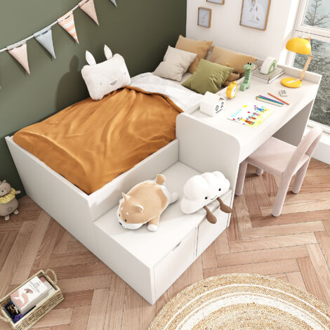 Lit enfant 90x200 cm, lit simple avec bureau + tiroir, convient aux garçons et aux filles, sans matelas, en bois, blanc