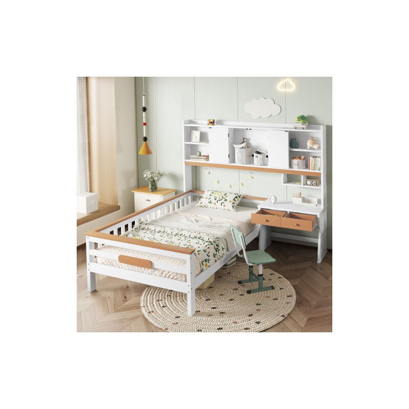 Okwish - Lit enfant 90x200 cm lit simple avec meuble de rangement, table, tiroirs, panneau de protection et sommier à lattes, pin+MDF, blanc+naturel
