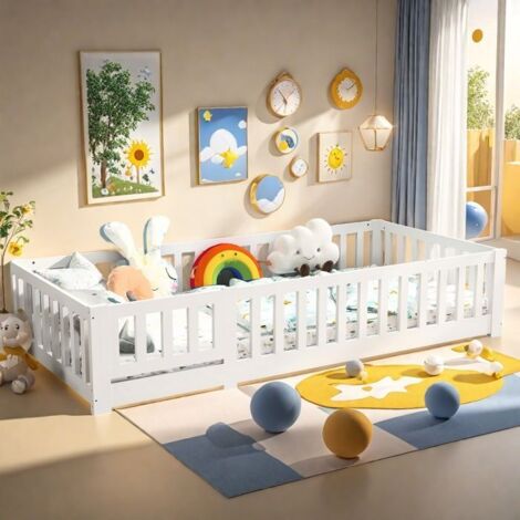 Lit enfant 90x200 cm, Lit simple avec protection antichute, Sommier à lattes, Lit cabane enfant, Blanc, Bois massif, Lit fille