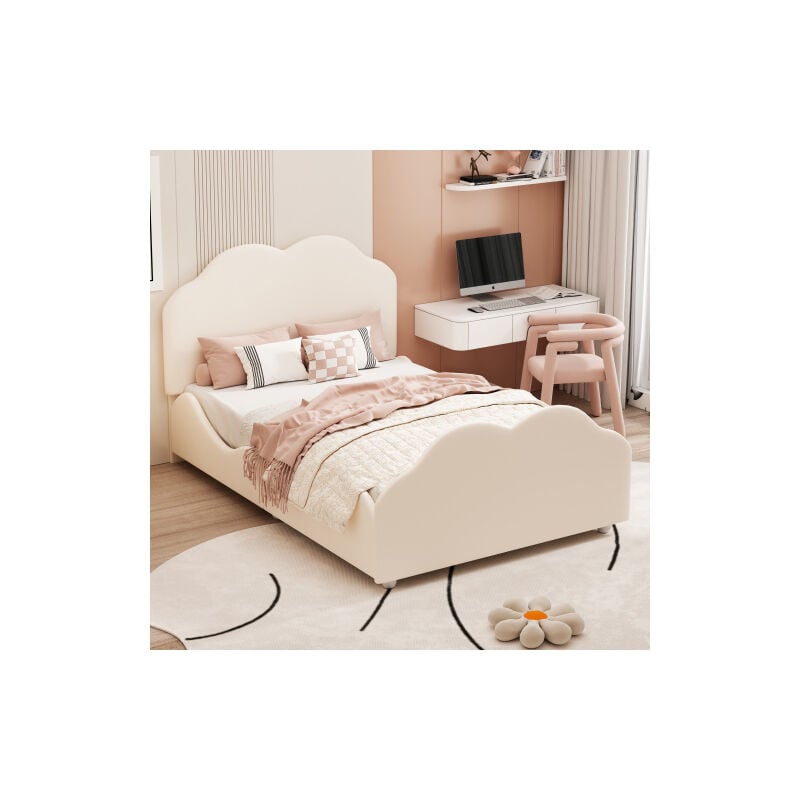 Lit enfant rembourré en velours - 90x200cm - avec tête de lit en forme de nuage + sommier à lattes - Beige
