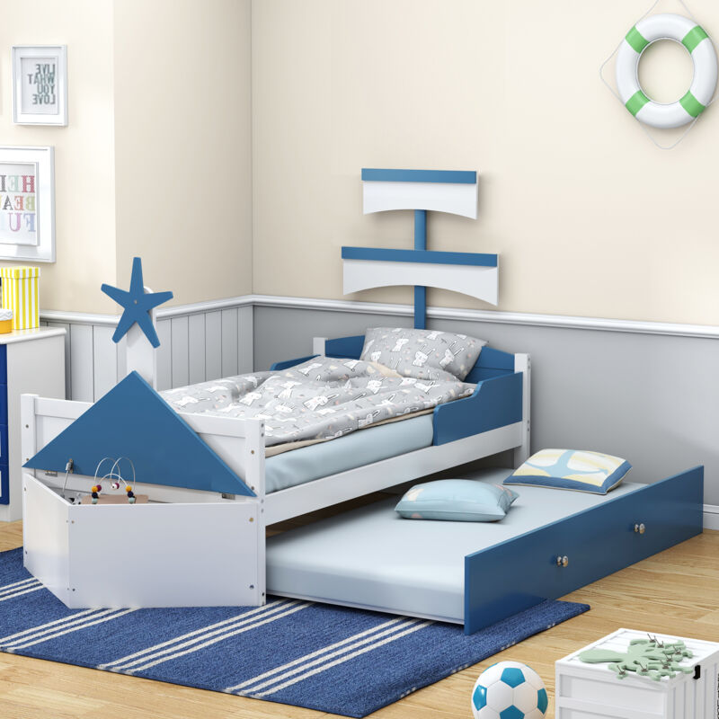 Hauss Spole - Lit enfant 90x200 cm, lit simple, forme voilier, meuble de rangement en bout de lit, Lit gigogne, en bois, bleu
