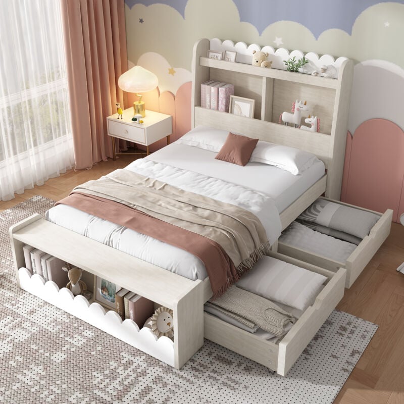 Lit enfant 90x200 cm, lit simple, lit adulte/ado avec tiroirs, banquette de rangement, blanc, sans matelas