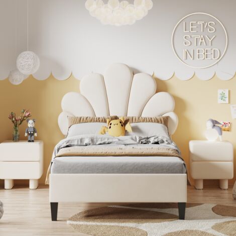 FORTUNA LAI Lit enfant 90x200 cm, lit simple rembourré - avec sommier à lattes, tête de lit fleurie, revêtement velours, pour enfants et adolescents - Beige