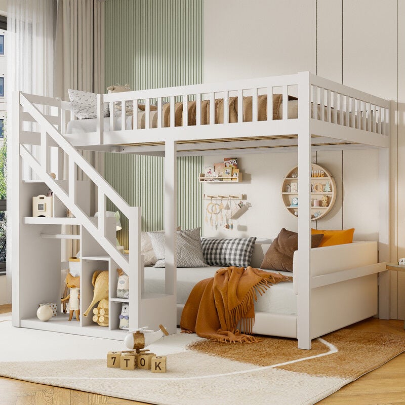 Blanketswarm - Lit enfant 90x200 cm,escalier de rangement, lit mezzanine,lit enfant avec escalier,avec protection antichute et escalier, bois, blanc