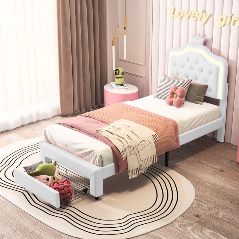 Lit enfant 90x200 cm,lit simple capitonné 90 x 200 avec tiroir,LED réglable,lit princesse avec couronne,PU,blanc