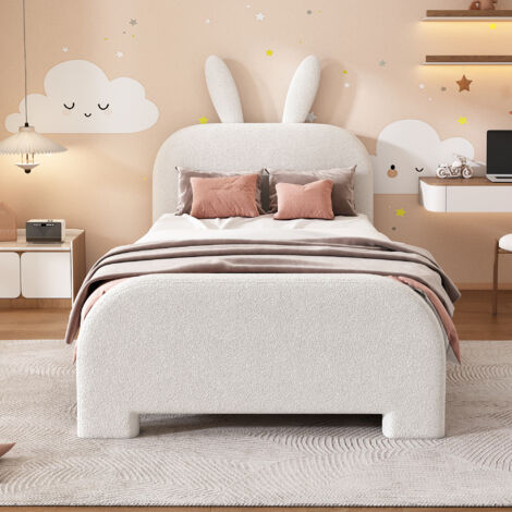 Lit enfant 90x200 lapin cartoon blanc, laine douce, 2 tiroirs gauche/droite, 150 kg