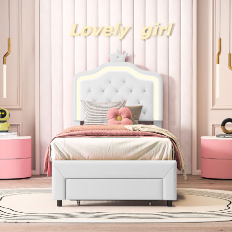 lit enfant 90x200, lit capitonné 90x200, lit simple enfant avec led réglable, lit princesse avec 2 tiroirs, tête de lit réglable en hauteur, forme de couronne, PU, blanc