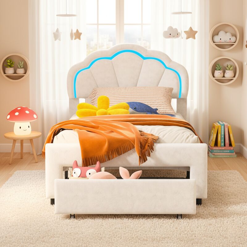 Lit enfant 90x200, lit simple avec tiroirs - lit princesse avec éclairage LED, sommier à lattes, lit fille, tissu flanelle - Blanc