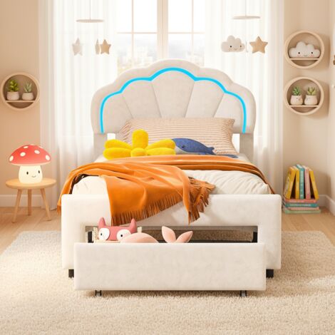 Lit enfant 90x200, lit simple avec tiroirs - lit princesse avec éclairage LED, sommier à lattes, lit fille, tissu flanelle - Blanc