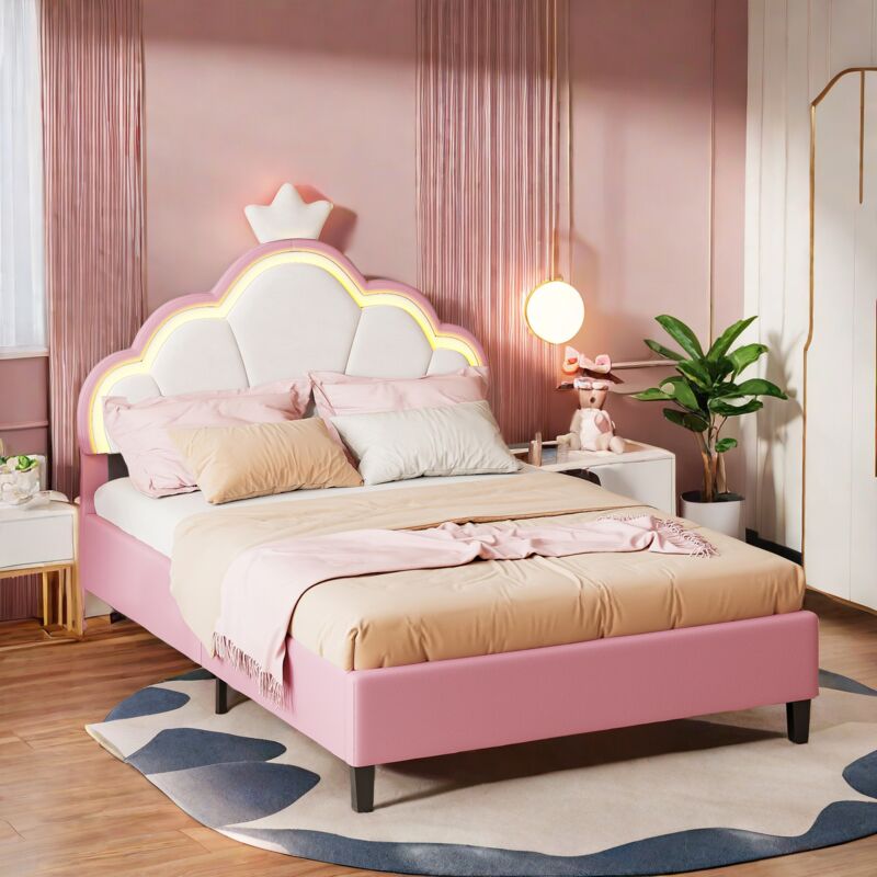 Lit double capitonné 140x200, lit rembourré, lit princesse capitonné avec led et tête de lit réglable en hauteur en forme de nuage, design de la