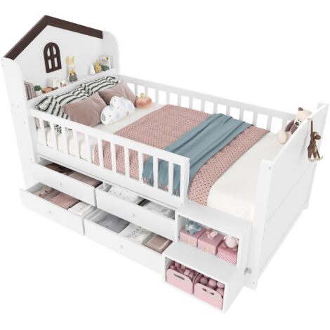 Lit enfant 90x200 maison avec fenêtre, lit mi-hauteur avec échelle de rangement, 4 tiroirs et éclairage led, gain de place, bois, blanc