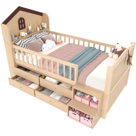 Lit enfant 90x200 maison avec fenêtre, lit mi-hauteur avec échelle de rangement, 4 tiroirs et éclairage led, gain de place, bois, naturel