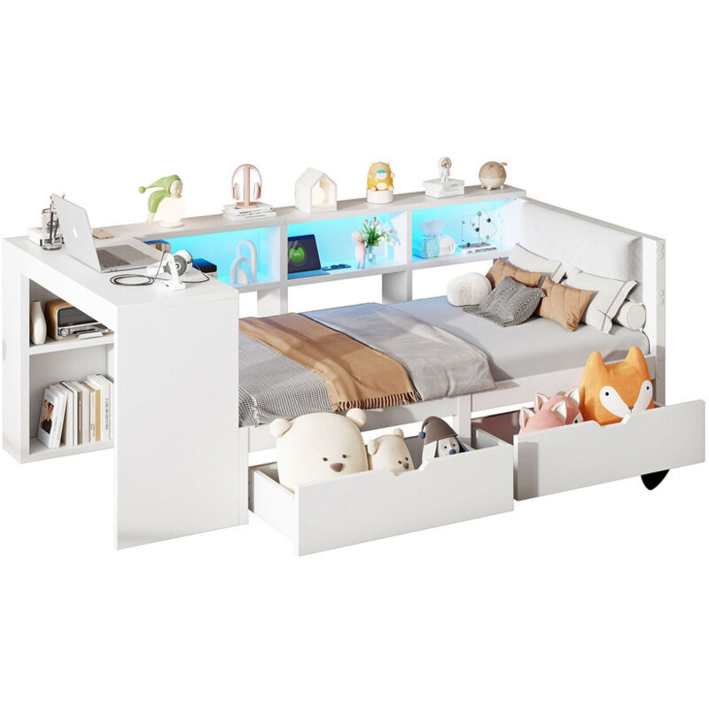 Lit enfant 90x200cm - avec 2 tiroirs et station de charge - avec lumières LED colorées - blanc (sans matelas) Lit enfant 90x200cm - avec 2 tiroirs et station de charge - avec lumières LED colorées - blanc (sans matelas)