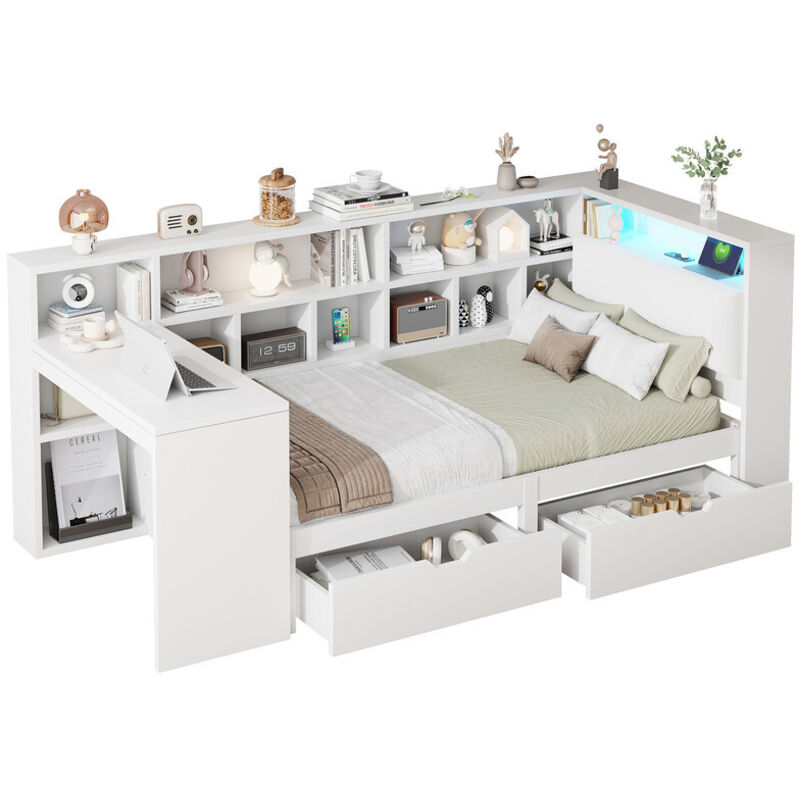 Lit enfant 90x200cm - avec 2 tiroirs et station de charge - avec lumières LED colorées - blanc (sans matelas) Lit enfant 90x200cm - avec 2 tiroirs et station de charge - avec lumières LED colorées - blanc (sans matelas)