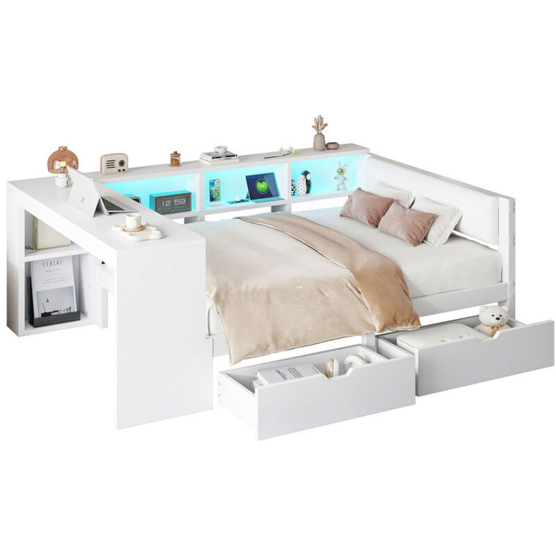 Lit enfant 140x200cm - avec 2 tiroirs et station de charge - avec lumières LED colorées - blanc (sans matelas)