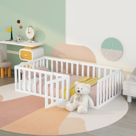Lit enfant 90x200cm, Avec barrière et porte-Polyvalent, sans matelas, bois, blanc