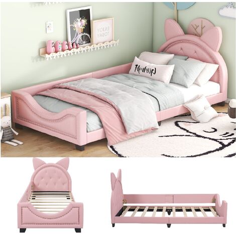 Lit enfant 90x200cm avec barrières de sécurité, sommier à lattes, lit capitonné en similicuir, désign d'oreilles de lapin, rose