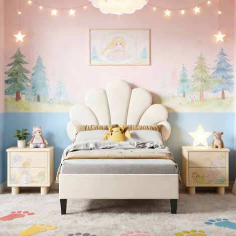 Lit enfant 90x200cm avec sommier à lattes, lit simple avec tête de lit fleur réglable en hauteur, lit fille/lit ado/lit princesse, cadre de lit 1 Personne, en velours beige