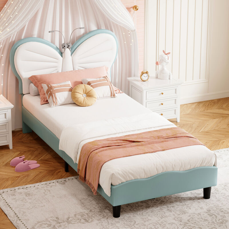 Lit enfant 90x200cm avec tête de lit en papillon à LED, Lit simple rembourré avec sommier à lattes, Tissu en velours, Bleu, sans Matelas