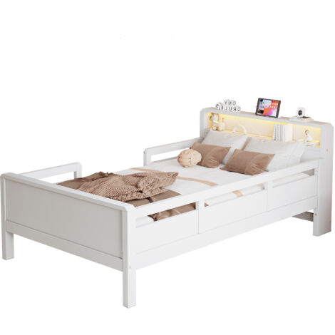 Lit Enfant - 90x200cm - avec Tête de Lit Rangement, LED & USB - Cadre de Lit en Bois Massif - Blanc