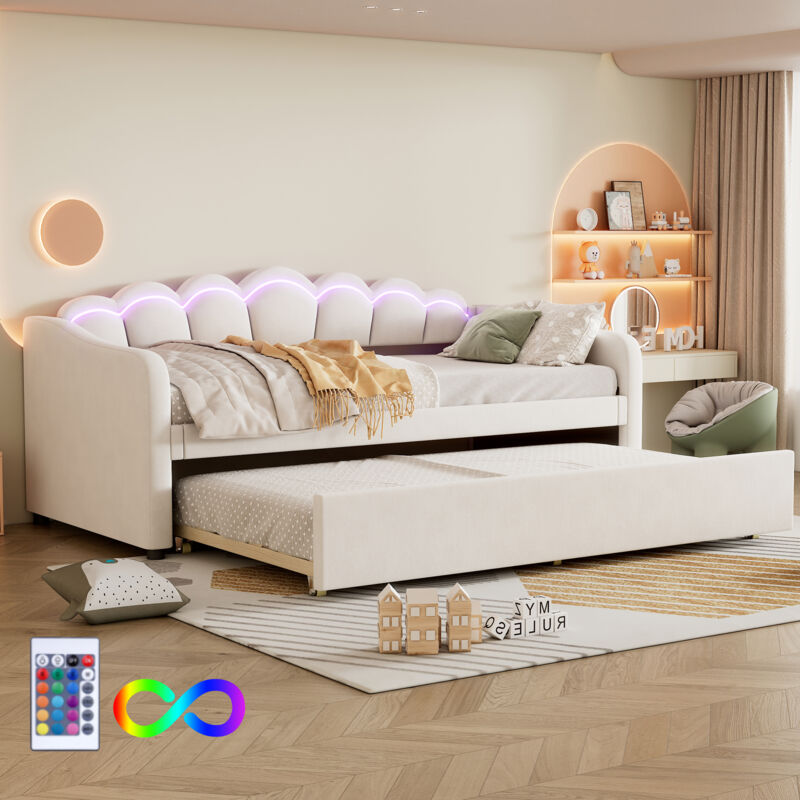 Hauss Spole - Lit enfant 90x200cm, canapé convertible avec lit gigogne, lit simple, velours, led, sans matelas, beige