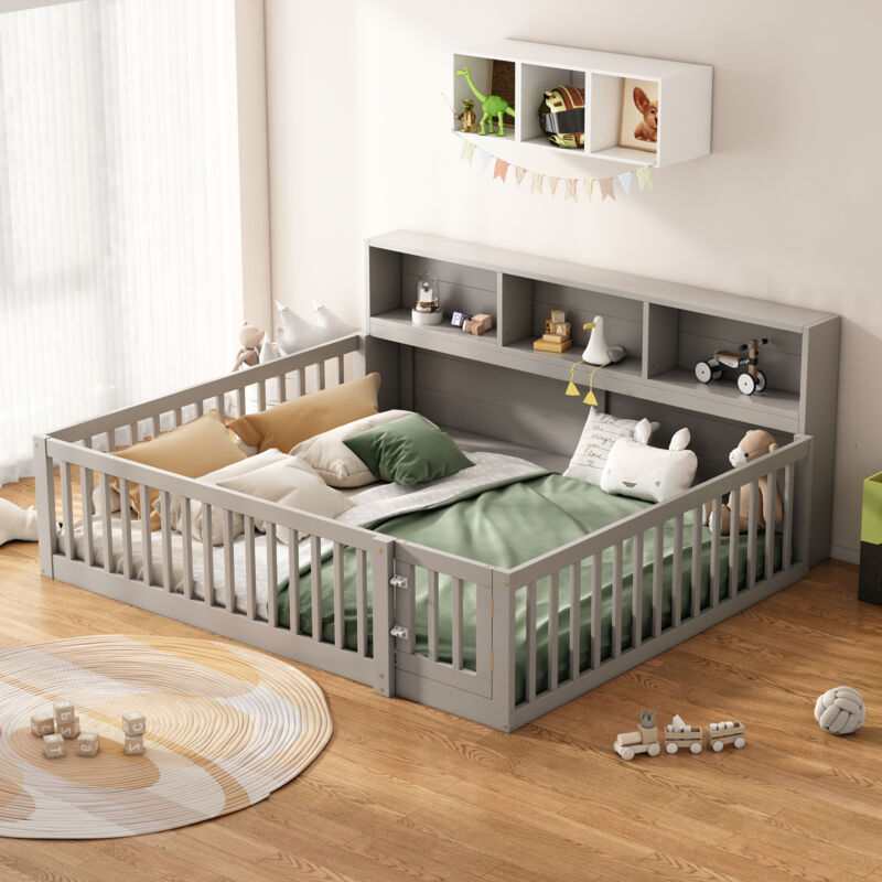 Hauss Spole - Lit enfant 140x200cm, lit cabane, Compartiment de rangement pour tête de lit, barrière de sécurité, sans matelas, bois de pin, gris