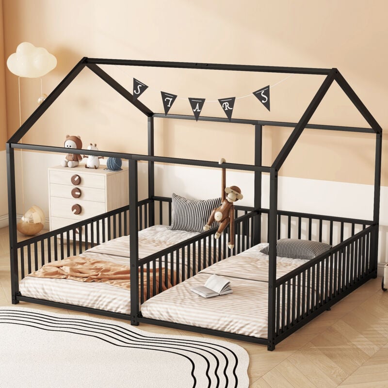 Lit enfant 90x200cm,, lit cabane, lit en métal, barrière de sécurité, matelas non inclus, lit double, fer, noir