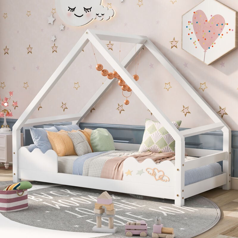 Hauss Spole - Lit enfant 90x200cm, lit cabane, lit simple en bois, sans matelas, blanc