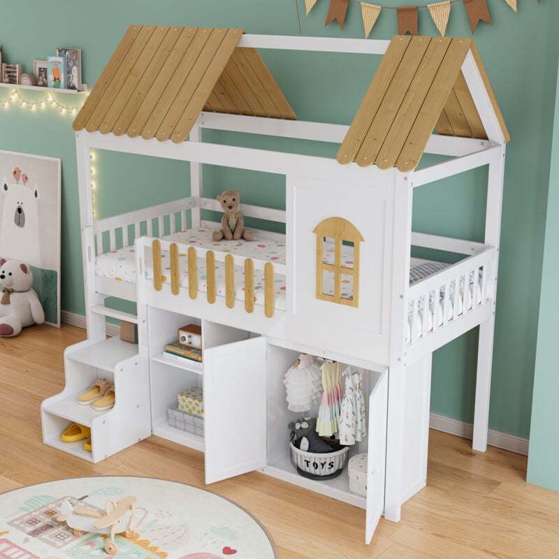 Hauss Spole - Lit enfant 90x200cm, lit cabane, lit superposé, avec penderie, fenêtre, meuble à chaussures, garde corps antichute de sécurité, blanc +