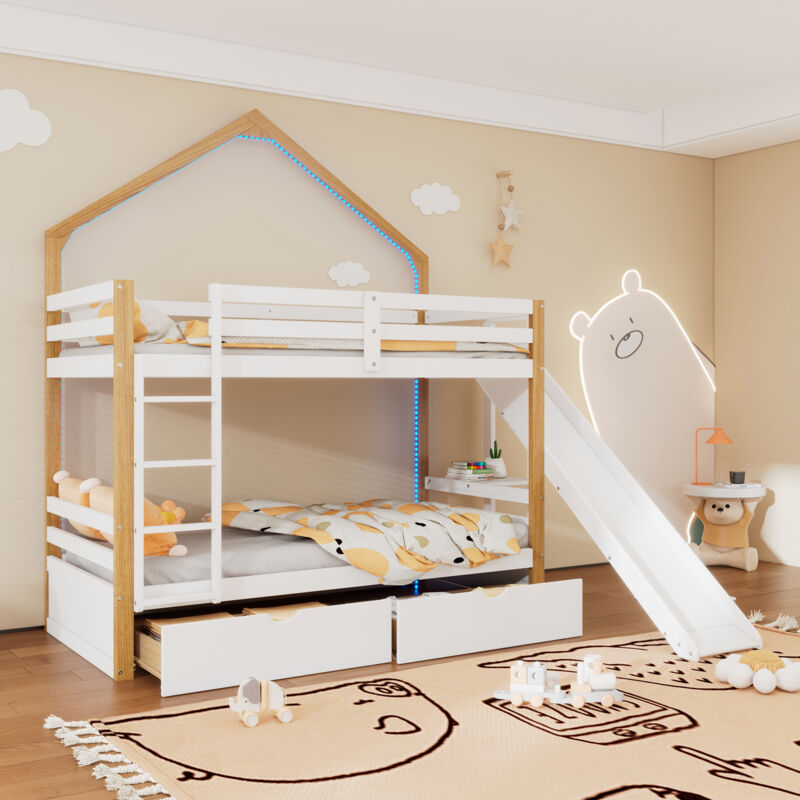 Lit enfant 90x200cm, lit cabane, lit superposé, bande lumineuse led, 2 tiroirs sur coulisses, pin+MDF, blanc+naturel