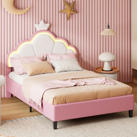 FORTUNA LAI Lit enfant 90x200cm - lit princesse avec sommier à lattes, tête de lit en forme de couronne - en flanelle rose