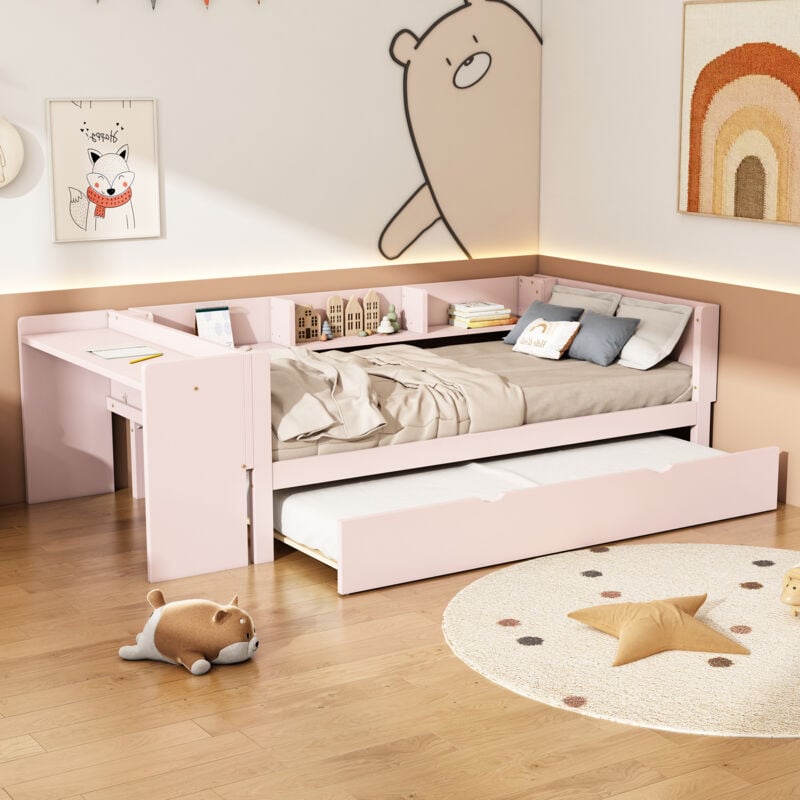 Lit enfant 90x200cm, lit simple adulte/ado, lit gigogne, avec bureau, 3 compartiments de rangement à côté du lit, sans matelas, rose
