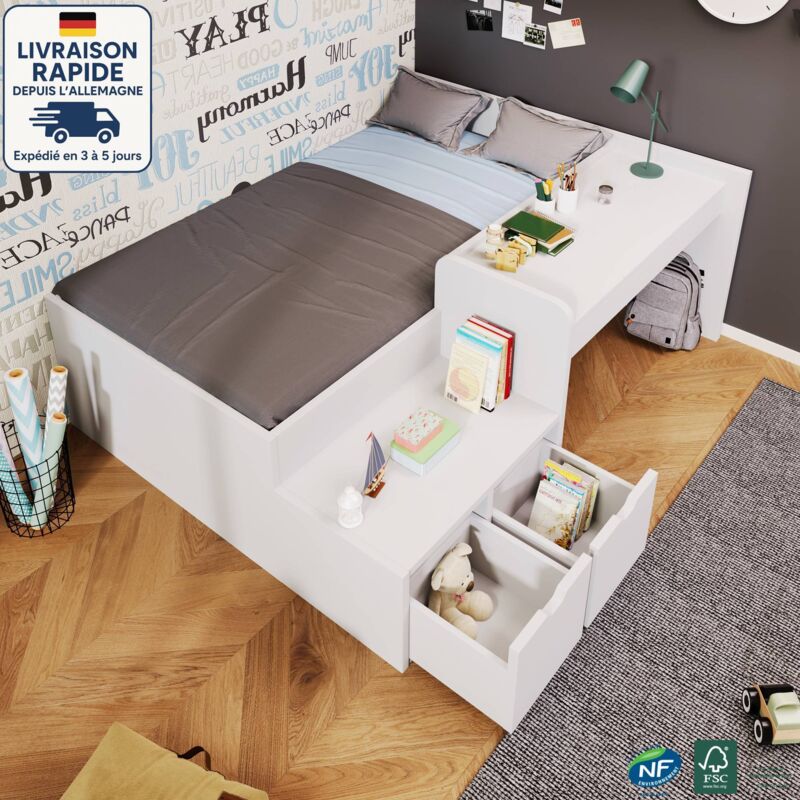 Modfu - Lit enfant 90x200cm, lit simple avec tiroirs et bureau, mdf, sans matelas, meuble de chambre, blanc