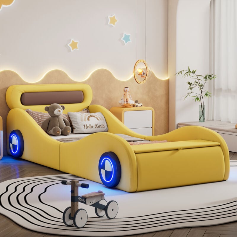 Lit enfant 90x200cm, lit simple moelleux, forme voiture avec roues lumineuses, rangements, PU, sans matelas, jaune