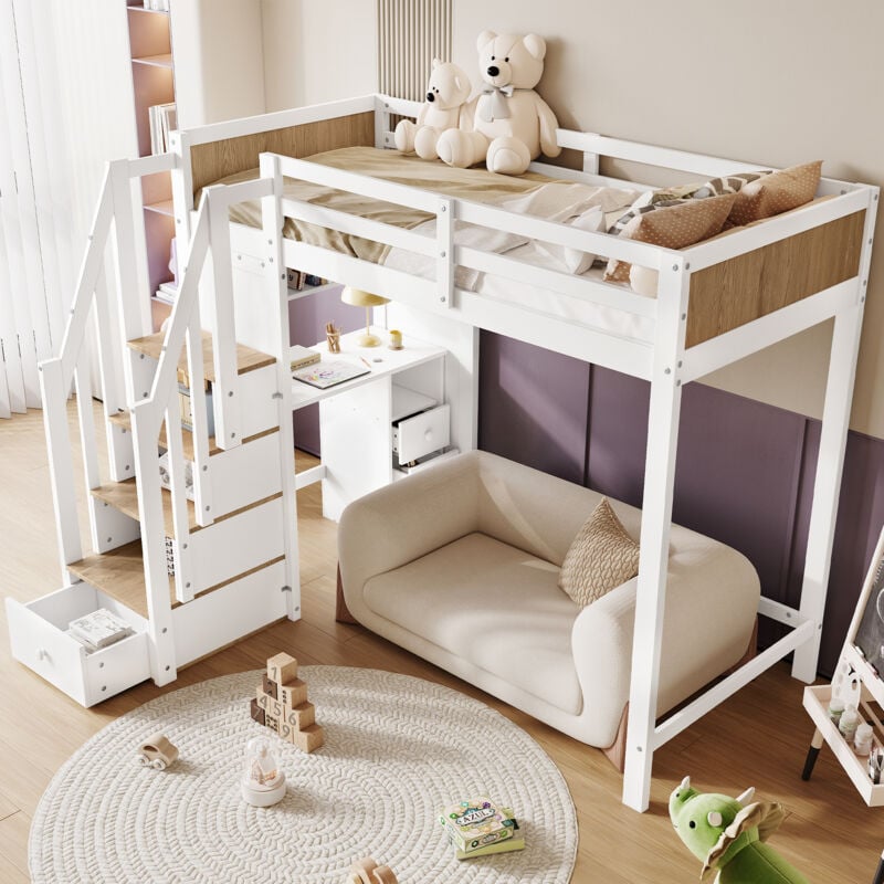 Modfu - Lit enfant 90x200cm, pin + mdf, lit mezzanine avec tiroirs et bureau, escalier avec rangement, sans matelas, blanc + naturel