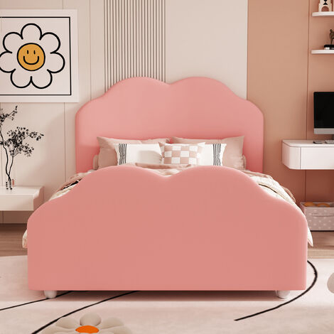 Lit enfant 90x200cm rembourré en velours, avec tête de lit et pied de lit en forme de nuage, sommier à lattes inclus, pour garçon ou fille, rose