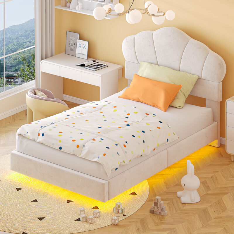 Lit enfant 90x200cm, velours, design simple, lit simple avec led, sans matelas, beige