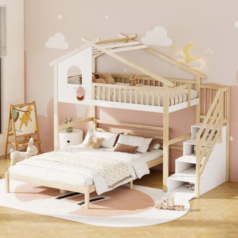 Hauss Spole - Lit enfant 90x200cm+140x200cm, lit superposé, échelle de rangement, lit cabane, sans matelas, blanc+naturel