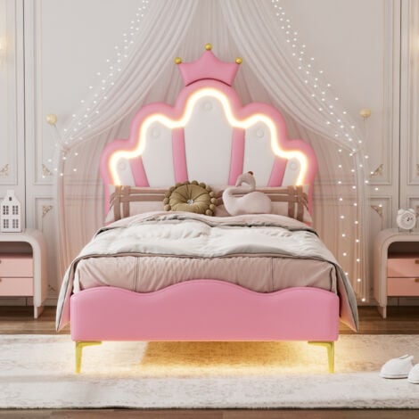 SUNFECILI lit enfant 90x200,lit princesse en forme de couronne, lit rembourré simple avec sommier à lattes,LED réglable, PU,rose