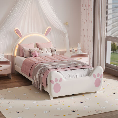 lit enfant 90x200,lit princesse, lit fille ête de lit lapin avec LED, lit fille design mignon avec oreilles, lit rembourré avec décoration DIY, lit chambre enfant ambiance douce