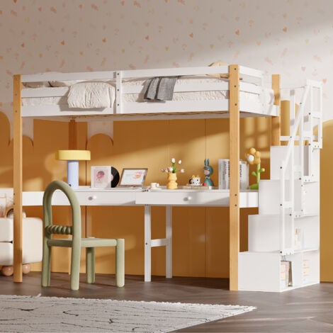 PERGAR lit enfant 90x200,lit superpose,lit mezzanine avec bureau,lit mezzanine 2 places,lit mezzanine escalier avec étagère et table, rangements, escalier,bois,Blanc