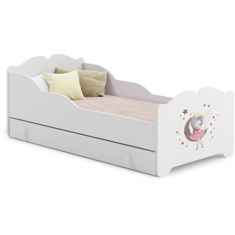 Lit enfant ALMENA avec tiroir matelas et cadre inclus - Princesse et lune - 160 cm x 80 cm