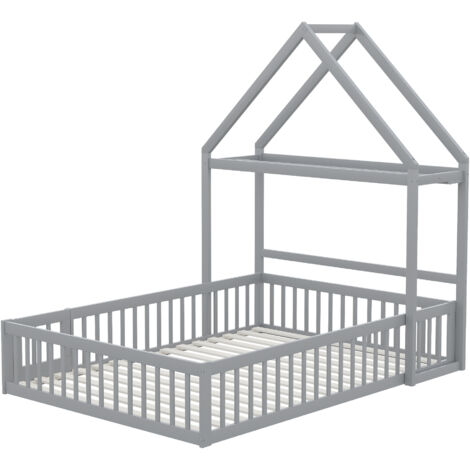 Lit enfant au sol 140x200 cm en bois massif gris, avec sommier à lattes, barrière intégrale, porte et rangement