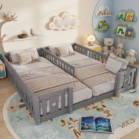 Lit enfant au sol 2x90x200 cm - Lit montessori avec sommier à lattes + barrière de sécurité - Lit double 2 places - Pin massif gris