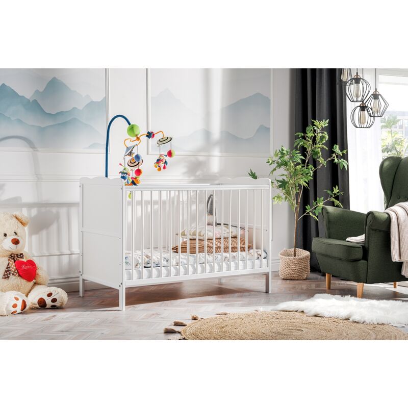 Lit d'Enfant Aurora, Blanc Mat, Matelas en Mousse Aloe Vera Hypoallergénique, Hauteur Réglable, Convertible en Lit Junior, Longueur 124 cm x Hauteur