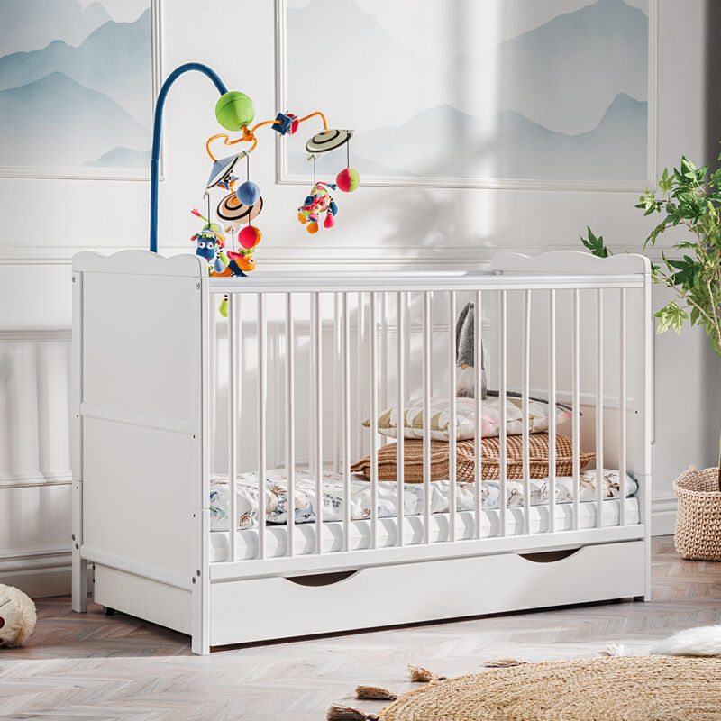 Komodee - Lit d'Enfant Avec Tiroir Aurora, Blanc Mat, Matelas en Mousse Aloe Vera Hypoallergénique, Hauteur Réglable, Convertible en Lit Junior,