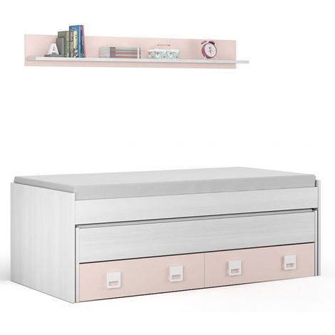 Lit Enfant Avec 2 Tiroirs Lit Et Une Etagere En Bois Coloris Blanc Raye Et Rose Pegane 27for 0m7449k